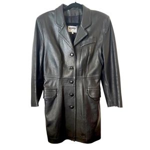 Black Leather Jacket Coat‎ Longline Button Front XL